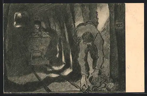 Künstler-AK Bergarbeiter mit Lore im Schacht