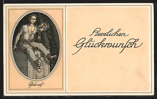 Künstler-AK Bergarbeiter sitzt auf einer vollen Lore