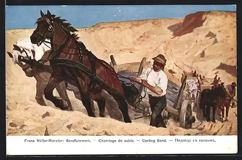 AK Bauer transportiert mit einem Pferdegespann Steine in den Ort