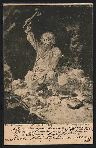 Künstler-AK Arbeiter im Steinbruch schlägt auf einen Stein ein