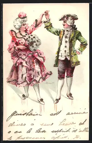Künstler-AK Paar mit Perücke und historischen Kleidern tanzt den Menuett