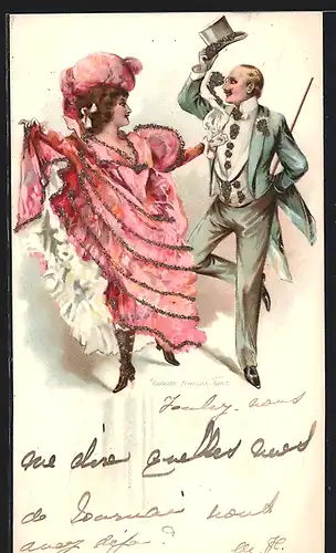 Künstler-AK Dame im opulenten Kleid tanzt zusammen mit dem Herren den Cancan