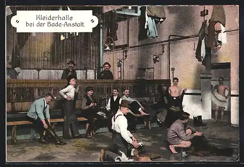 AK Kleiderhalle bei der Badeanstalt mit Männern