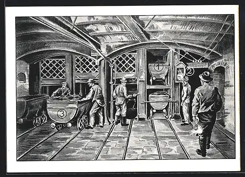 AK Bergmänner mit Förderwagen im Steinkolhebergwerk, Bild 8