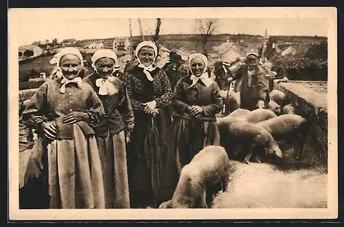 AK En Morvan, Nos braves Morvandelles à la Foire aux cochons, Frauen zwischen Schweinen