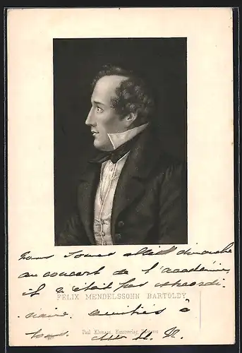 Künstler-AK Komponist Felix Mendelssohn Bartoldy, seitliches Portrait in adretter Kleidung
