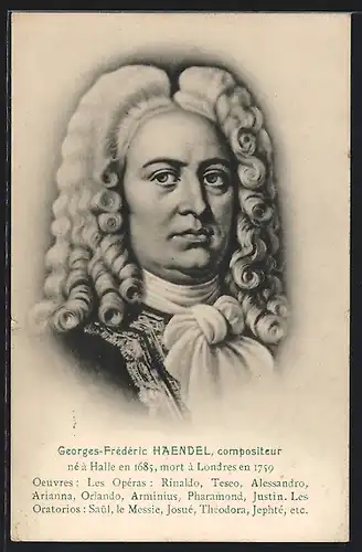 Künstler-AK Komponist Georges-Frédéric Haendel, mit ernstem Blick und Perücke