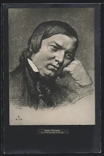 Künstler-AK Komponist Robert Schumann, mit melancholischem Blick, den Kopf auf die Hand gestützt