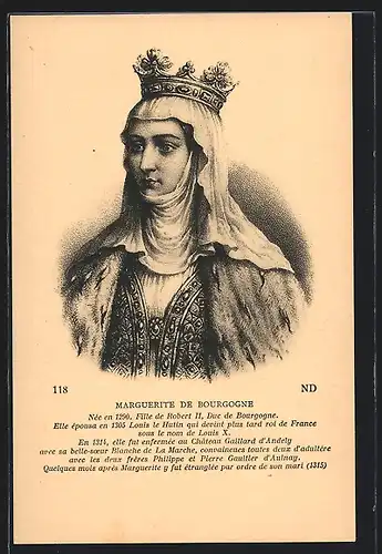 AK Marguerite de Bourgogne, mit Kopftuch und Krone