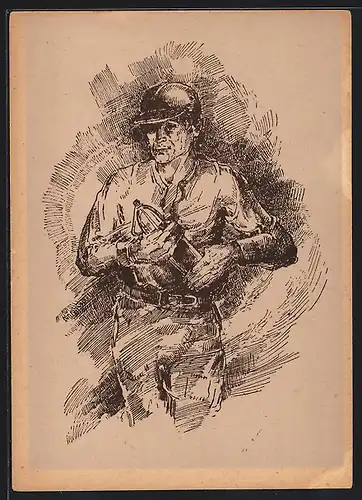 Künstler-AK Zeichnung eines Bergbauarbeiters mit Grubenlicht und Helm