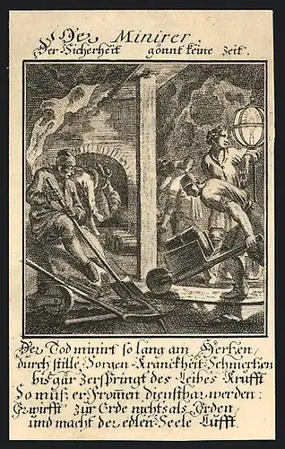 Künstler-AK Der Minirer, Minenarbeiter in der Mine mit Fässern