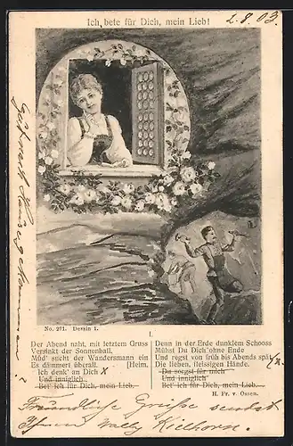 Künstler-AK Ich bete für Dich, mein Lieb! Bergmann in der Mine und Frau am Fenster zu Hause