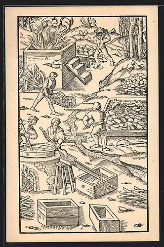 Künstler-AK Úprava rud prazením a zvetrávánim, Serie: Hornictví a Hutnictví