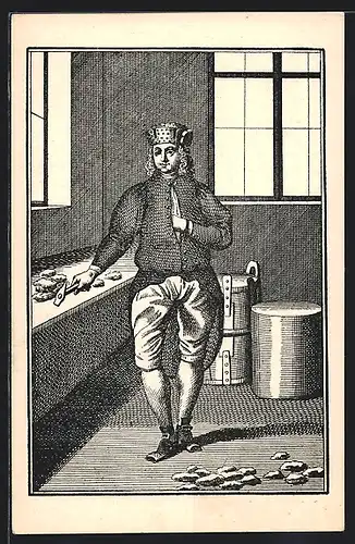 Künstler-AK Pomocník v úpravne, Hornické kroje bánských úredníku a zamestnancu s pocátku XVIII. století