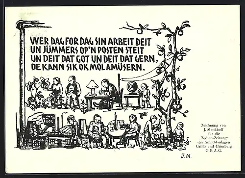 Künstler-AK Bergmänner beim Arbeiten und mit der Familie, Gedicht