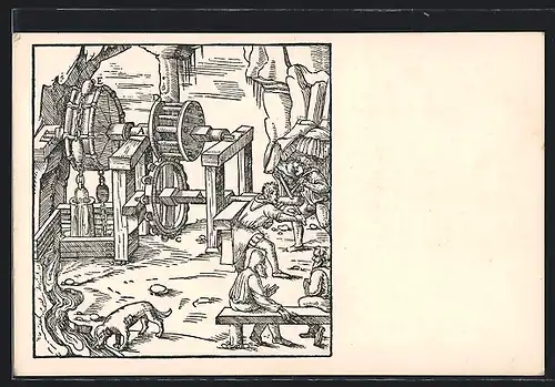 Künstler-AK Odvodnování. Retezové cerpadlo, pohon rucní s prevodem, Serie: Hornictví a Hutnictví