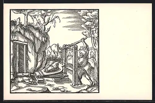 Künstler-AK Vetrání. Vetrání stoly rucním dmychadlem, Serie: Hornictví a Hutnictví