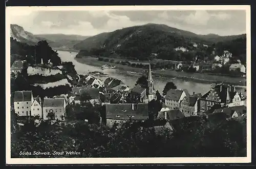 AK Wehlen /Sächs. Schweiz, aus der Vogelschau, Blick auf Ortschaft und Flusslauf