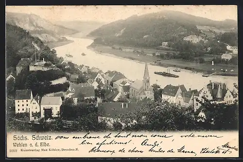 AK Wehlen /Sächs. Schweiz, aus der Vogelschau, Blick auf Ortschaft und Elbe