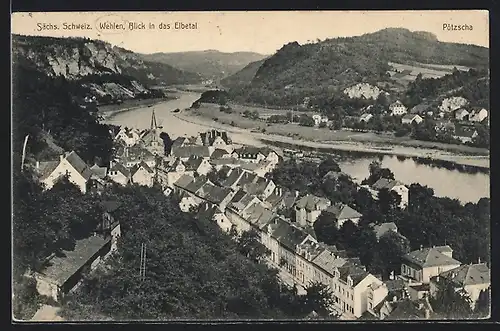 AK Wehlen /Sächs. Schweiz, aus der Vogelschau, Blick auf Ortschaft und Elbetal