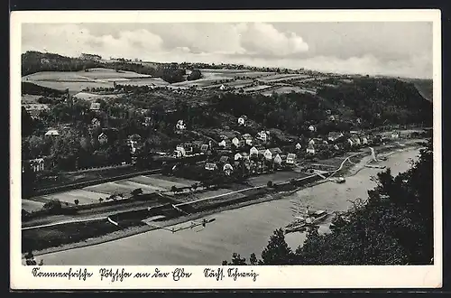 AK Wehlen /Sächs. Schweiz, aus der Vogelschau, Blick auf das Elbtal