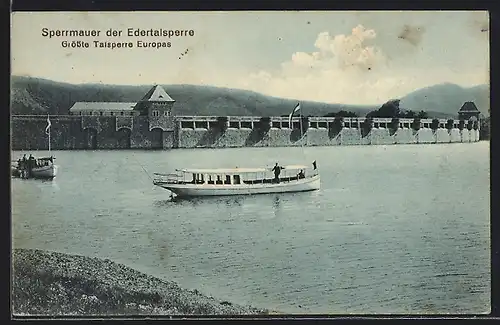 AK Edertalsperre, Sperrmauer der grössten Talsperre Europas, Dampfer