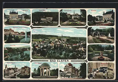 AK Bad Elster, Floratempel, Wettiner Hof, Postamt, Goethe-Brunnen, Albert-Bad, Kurhaus