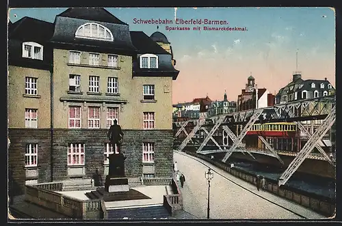 AK Elberfeld-Barmen, Schwebebahn, Sparkasse und Bismarckdenkmal