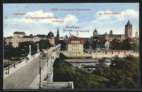 AK Posen / Poznan, An der Theaterbrücke, Stadttheater