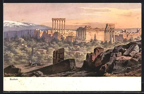 Künstler-AK F.Perlberg: Baalbek, Ortspanorama