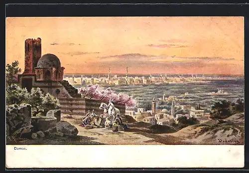 Künstler-AK Friedrich Perlberg: Damascus, Stadtansicht mit Reiter und Kamel
