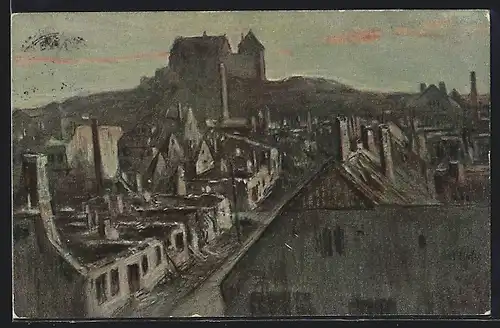 Künstler-AK Fritz Hass: Neidenburg, Blick über die Ruinen der Stadt