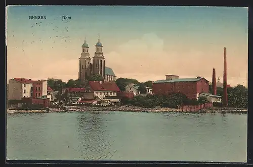 AK Gnesen, Blick vom Wasser auf den Dom