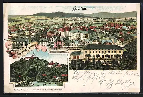 AK Grottau / Hradek Nad Nisou, Totalansicht und Blick auf Schloss Grafenstein