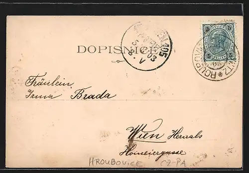 AK Hroubovice, Strassenpartie am Gasthaus