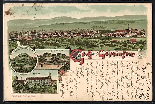 Lithographie Göppingen, Hohenstaufen, Sauerbrunnen, Schloss