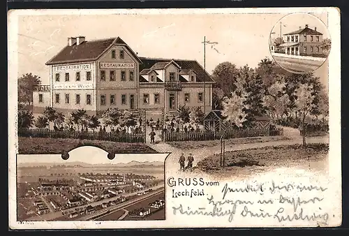 Lithographie Lechfeld, Ortsansicht und Restauration von Oskar Weiss