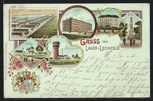 Lithographie Lager Lechfeld, Neue Kaserne, Kriegerdenkmal, Wasserturm mit Maschinenhaus