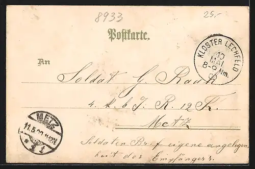 Lithographie Lager Lechfeld, Neue Kaserne, Kriegerdenkmal, Wasserturm mit Maschinenhaus