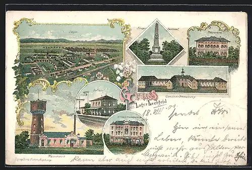 Lithographie Lechfeld, Kasernenlager, Bahnhof, Wasserwerk