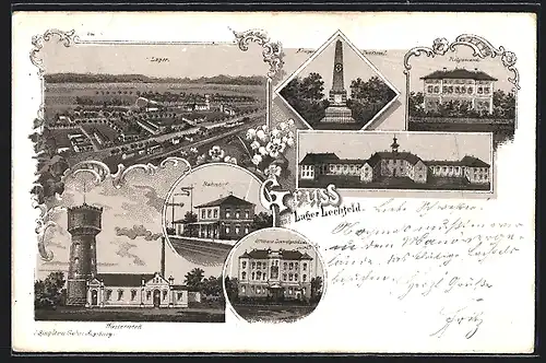 Lithographie Lechfeld, Kasernenlager, Bahnhof, Wasserwerk