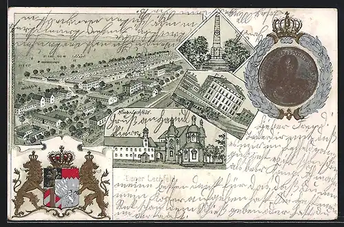 Lithographie Lechfeld, Lager und Kloster, Wappen und Medaille
