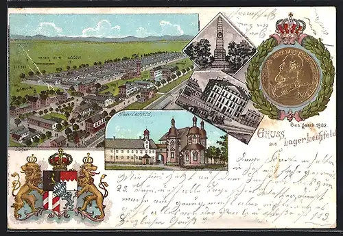 Lithographie Lechfeld, Kloster und Lager, mit Wappen und Medaille