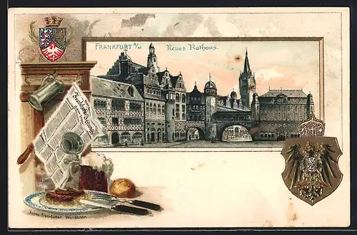 Passepartout-Lithographie Frankfurt a. Main, Blick auf das Neue Rathaus, Wappen