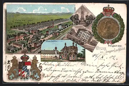 Lithographie Lechfeld, Lager, Kloster, Denkmal, Wappen und Medaille