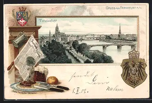 Passepartout-Lithographie Frankfurt /Main, Panorama mit Mainbrücken, Ächte Frankfurter Würstchen, Wappen