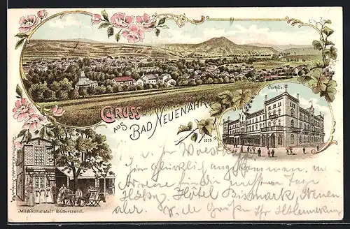 Lithographie Bad Neuenahr, Ortsansicht, Curhotel, Milchkuranstalt Schweizerei