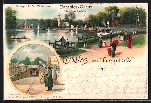 Lithographie Berlin-Treptow, Paradies-Garten mit Dampfer, Tunnel der Spree-Untergrund-Bahn in Stralau um 1900