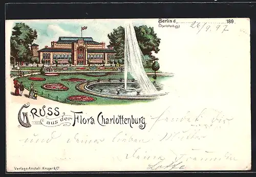 Lithographie Berlin-Charlottenburg, Flora, Grünanlage mit Springbrunnen