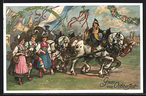 AK München, Oktoberfest - Münchner Kindl auf dem Pferd vom Biertransport